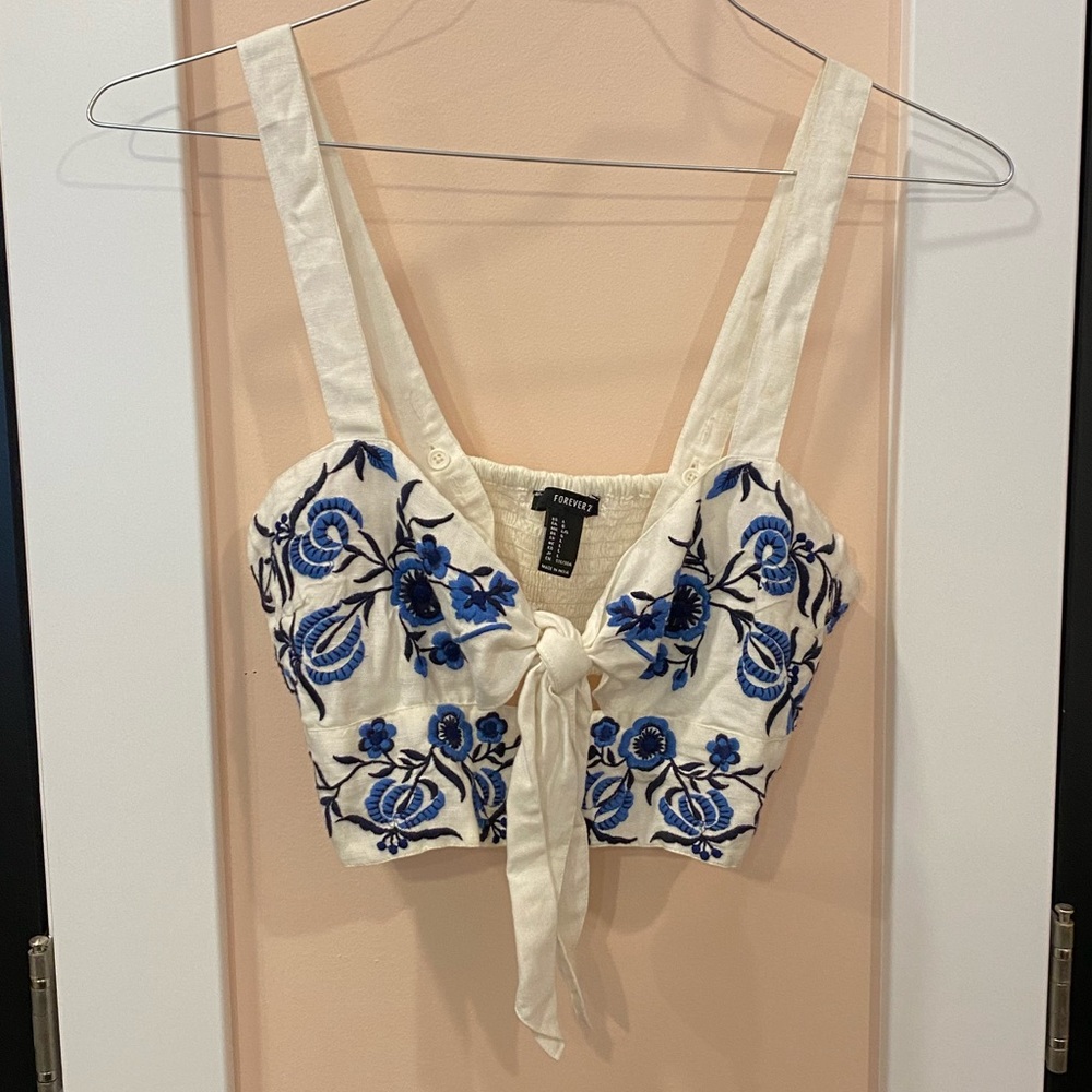 Cream and blue embroidered crop top